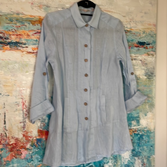 Soft Surroundings Linen Tunic Top Pockets Fitted Light Blue Lng Slv Sz XS - Picture 10 of 11
